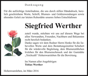 Traueranzeige von Siegfried Werther  von Magdeburger Volksstimme
