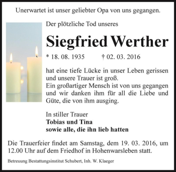 Traueranzeige von Siegfried Werther  von Magdeburger Volksstimme