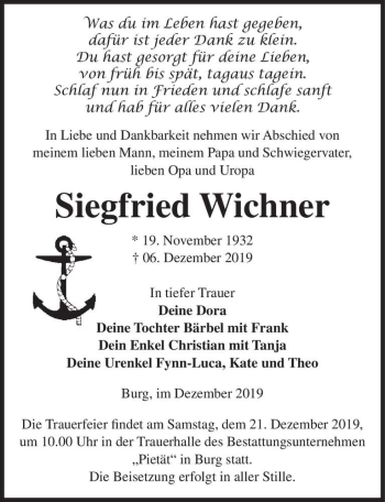 Traueranzeige von Siegfried Wichner  von Magdeburger Volksstimme