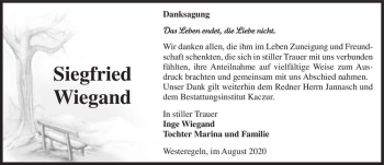 Traueranzeige von Siegfried Wiegand  von Magdeburger Volksstimme