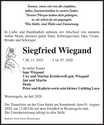 Traueranzeige von Siegfried Wiegand  von Magdeburger Volksstimme