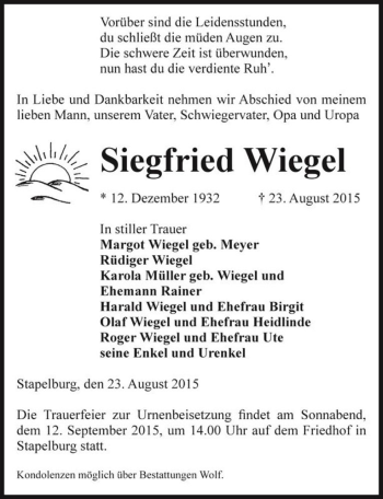 Traueranzeige von Siegfried Wiegel  von Magdeburger Volksstimme