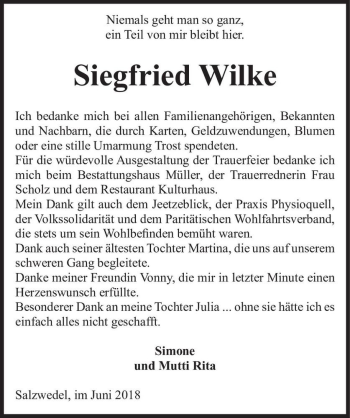 Traueranzeige von Siegfried Wilke  von Magdeburger Volksstimme
