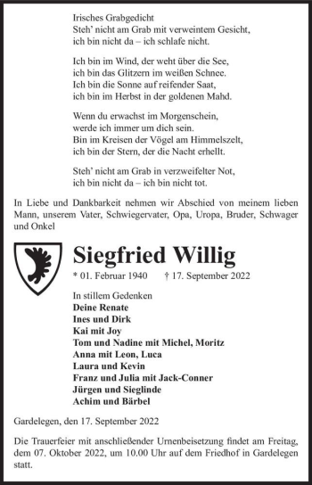 Traueranzeige von Siegfried Willig  von Magdeburger Volksstimme