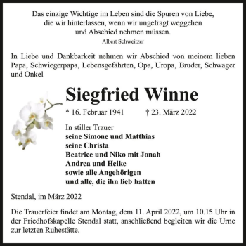 Traueranzeige von Siegfried Winne  von Magdeburger Volksstimme