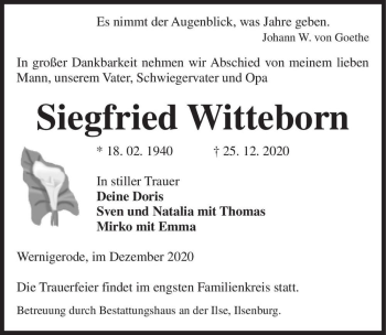 Traueranzeige von Siegfried Witteborn  von Magdeburger Volksstimme