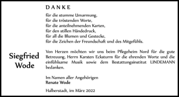 Traueranzeige von Siegfried Wode  von Magdeburger Volksstimme