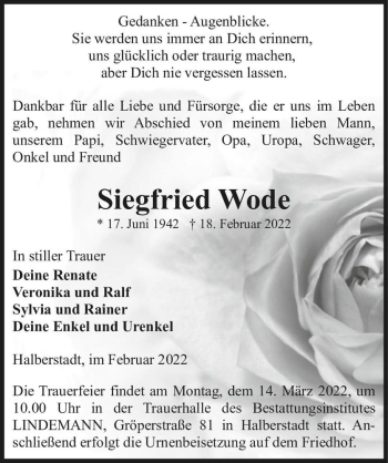 Traueranzeige von Siegfried Wode  von Magdeburger Volksstimme
