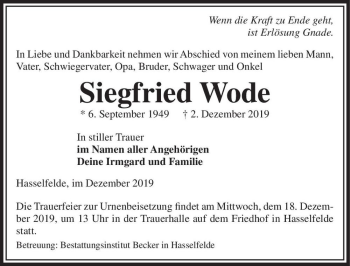 Traueranzeige von Siegfried Wode  von Magdeburger Volksstimme