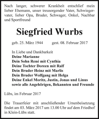Traueranzeige von Siegfried Wurbs  von Magdeburger Volksstimme