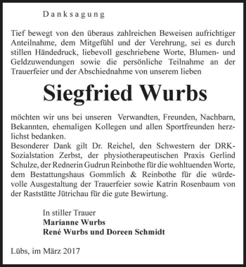 Traueranzeige von Siegfried Wurbs  von Magdeburger Volksstimme