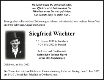Traueranzeige von Siegfried Wächter  von Magdeburger Volksstimme