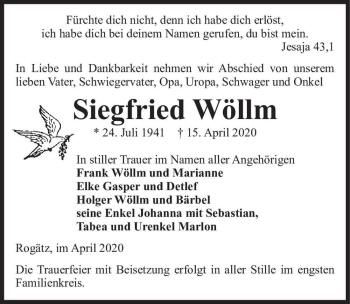 Traueranzeige von Siegfried Wöllm  von Magdeburger Volksstimme