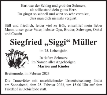 Traueranzeige von Siegfried “Siggi“ Müller  von Magdeburger Volksstimme