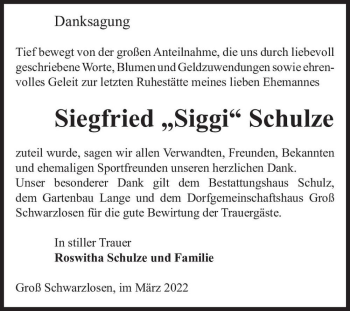 Traueranzeige von Siegfried „Siggi“ Schulze  von Magdeburger Volksstimme