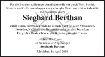 Traueranzeige von Sieghard Berthan  von Magdeburger Volksstimme