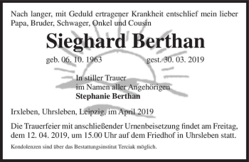 Traueranzeige von Sieghard Berthan  von Magdeburger Volksstimme