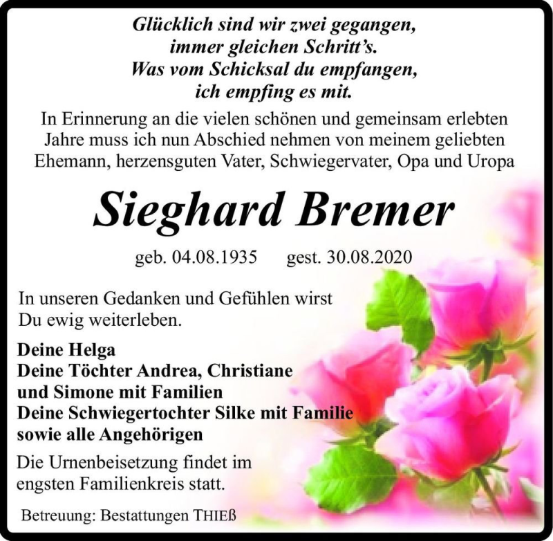  Traueranzeige für Sieghard Bremer  vom 08.09.2020 aus Magdeburger Volksstimme