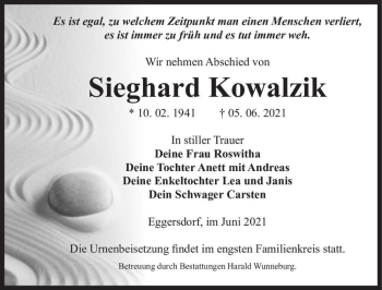 Traueranzeige von Sieghard Kowalzik  von Magdeburger Volksstimme