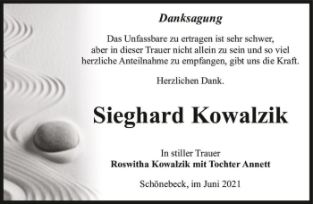 Traueranzeige von Sieghard Kowalzik  von Magdeburger Volksstimme