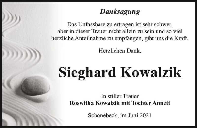  Traueranzeige für Sieghard Kowalzik  vom 26.06.2021 aus Magdeburger Volksstimme