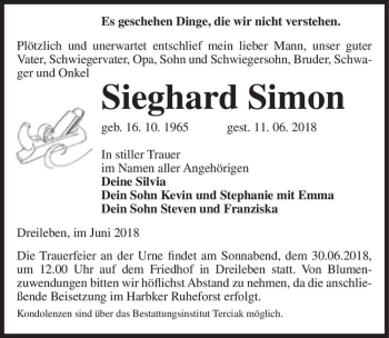 Traueranzeige von Sieghard Simon  von Magdeburger Volksstimme