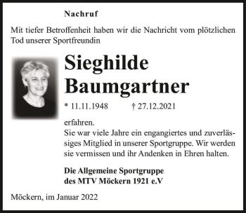 Traueranzeige von Sieghilde Baumgartner  von Magdeburger Volksstimme