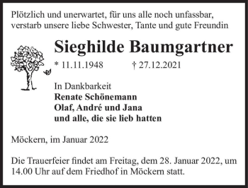 Traueranzeige von Sieghilde Baumgartner  von Magdeburger Volksstimme