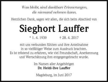 Traueranzeige von Sieghort Lauffer  von Magdeburger Volksstimme