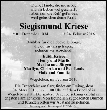 Traueranzeige von Siegismund Kriese  von Magdeburger Volksstimme