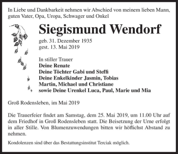Traueranzeige von Siegismund Wendorf  von Magdeburger Volksstimme