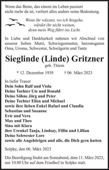 Traueranzeige von Sieglinde (Linde) Gritzner (geb. Thiem)  von Magdeburger Volksstimme