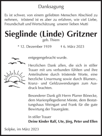 Traueranzeige von Sieglinde (Linde) Gritzner (geb. Thiem)  von Magdeburger Volksstimme
