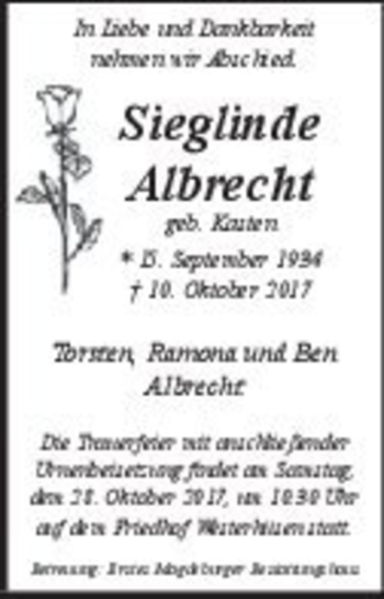 Traueranzeige von Sieglinde Albrecht (geb. Kasten)  von Magdeburger Volksstimme