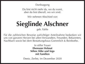 Traueranzeige von Sieglinde Alschner (geb. Fahle)  von Magdeburger Volksstimme
