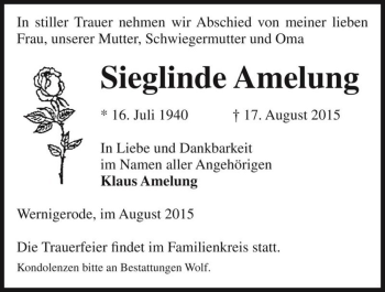 Traueranzeige von Sieglinde Amelung  von Magdeburger Volksstimme
