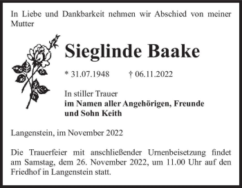 Traueranzeige von Sieglinde Baake  von Magdeburger Volksstimme