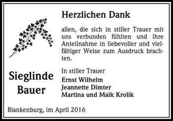 Traueranzeige von Sieglinde Bauer  von Magdeburger Volksstimme