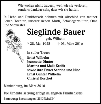 Traueranzeige von Sieglinde Bauer (geb. Wilhelm)  von Magdeburger Volksstimme