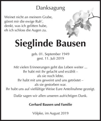 Traueranzeige von Sieglinde Bausen  von Magdeburger Volksstimme