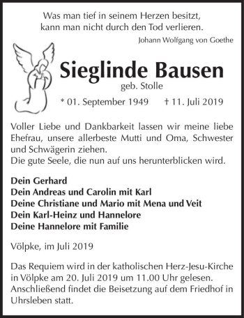 Traueranzeige von Sieglinde Bausen (geb. Stolle)  von Magdeburger Volksstimme