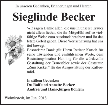 Traueranzeige von Sieglinde Becker  von Magdeburger Volksstimme