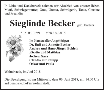 Traueranzeige von Sieglinde Becker (geb. Dreßler)  von Magdeburger Volksstimme