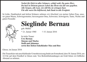 Traueranzeige von Sieglinde Bernau (geb. Müller)  von Magdeburger Volksstimme