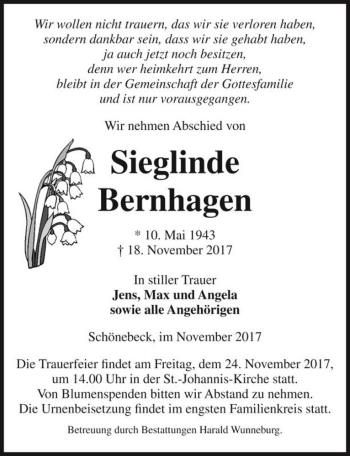 Traueranzeige von Sieglinde Bernhagen  von Magdeburger Volksstimme