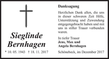 Traueranzeige von Sieglinde Bernhagen  von Magdeburger Volksstimme