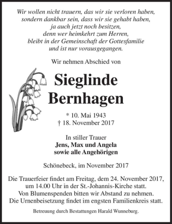 Traueranzeige von Sieglinde Bernhagen  von Magdeburger Volksstimme