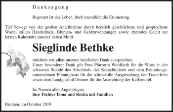 Traueranzeige von Sieglinde Bethke  von Magdeburger Volksstimme