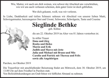 Traueranzeige von Sieglinde Bethke (geb. Kühne)  von Magdeburger Volksstimme