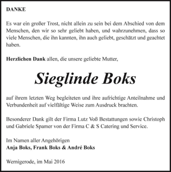 Traueranzeige von Sieglinde Boks  von Magdeburger Volksstimme
